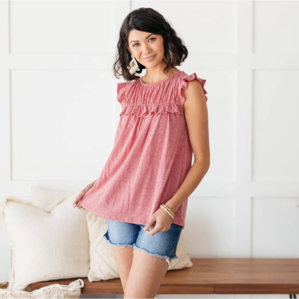 RIGHT AS RUFFLES TANK TOP IN BLUSH